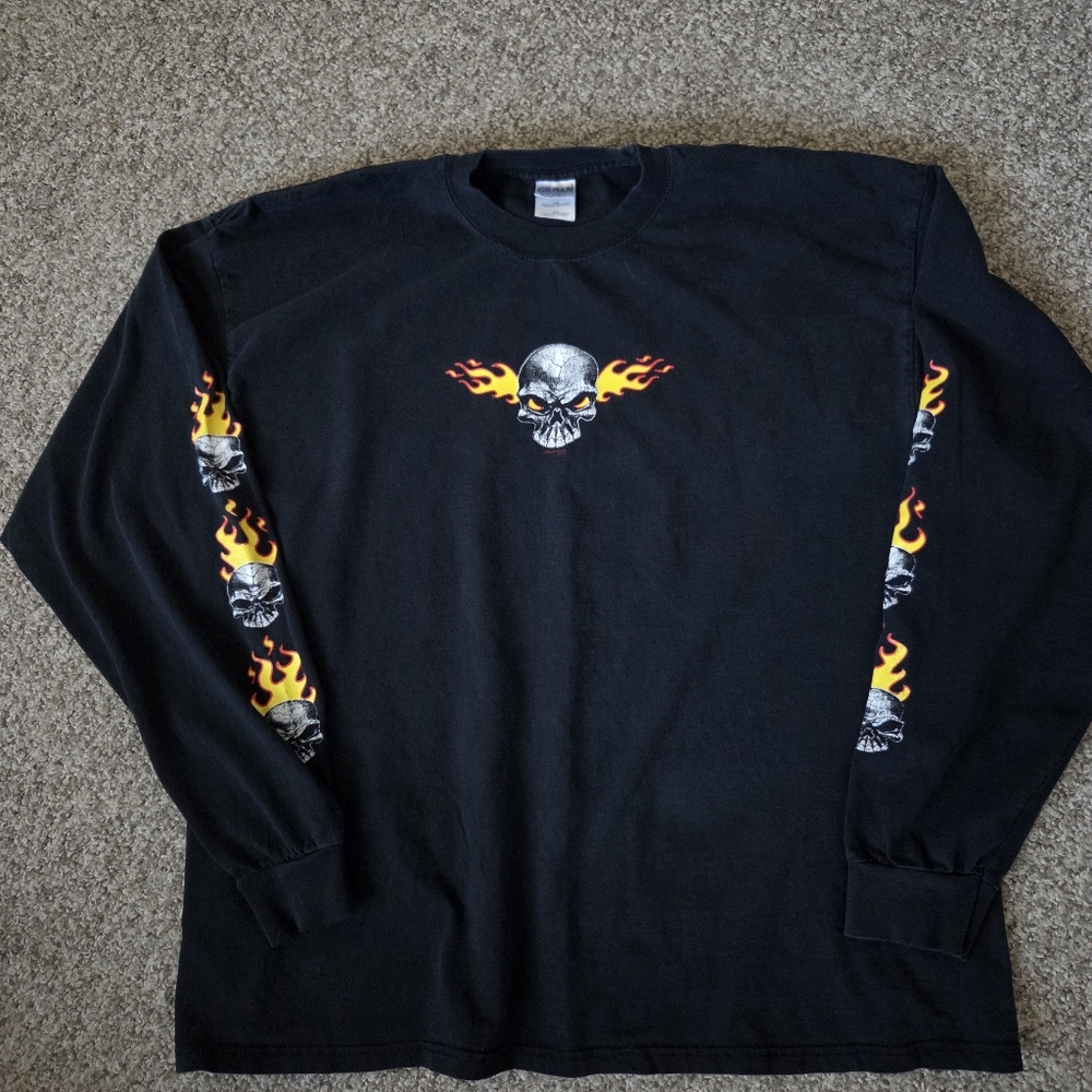 Vintage Y2K Grunge Flaming Skull Fire Goth Long Sleeve Tshirt XXL Gildan Heavywe - Picture 13 of 13